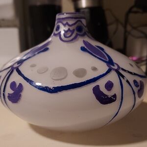 Vase 6"W 4" T White Blue And Purple. Unkoen Origin. Looks Hand Blown